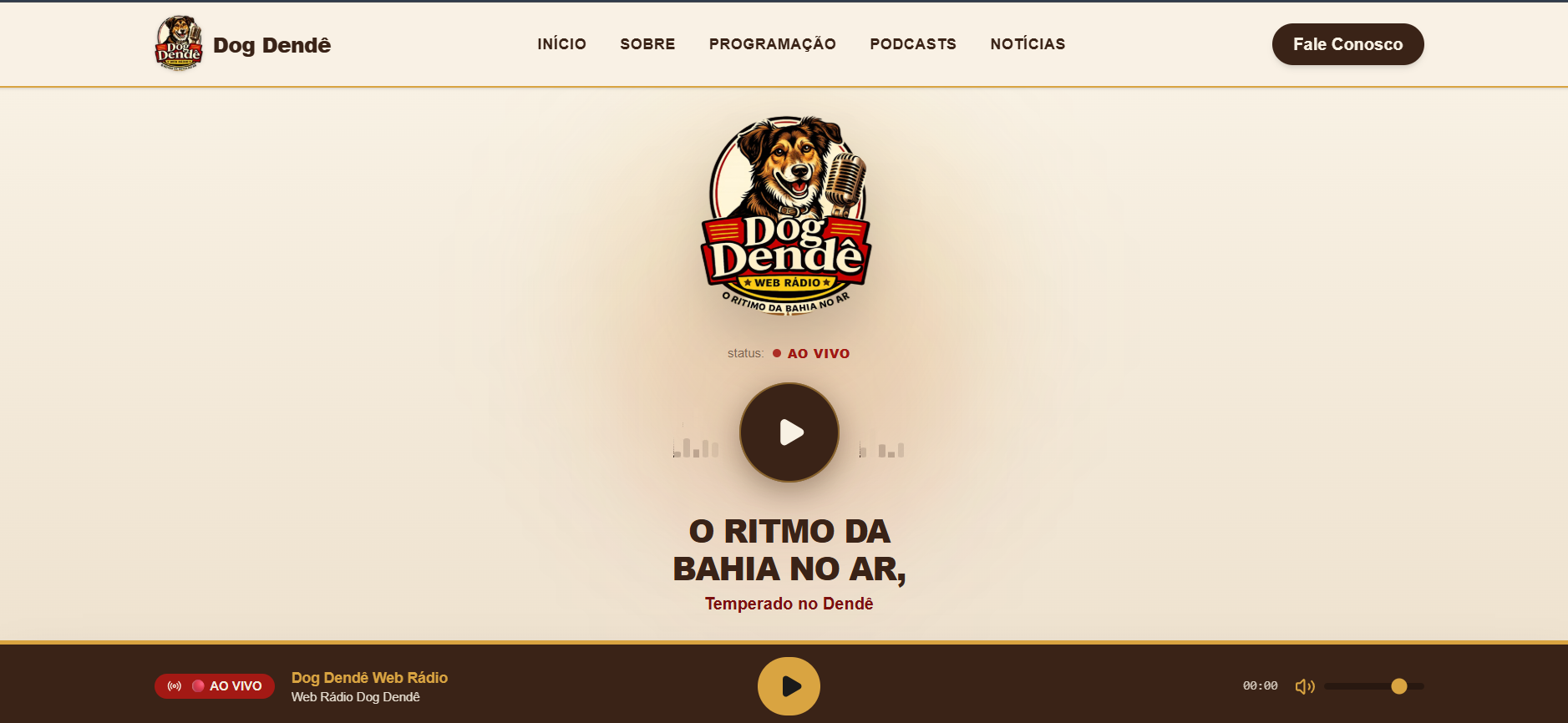Página inicial da Web Rádio Dog Dendê com player ao vivo