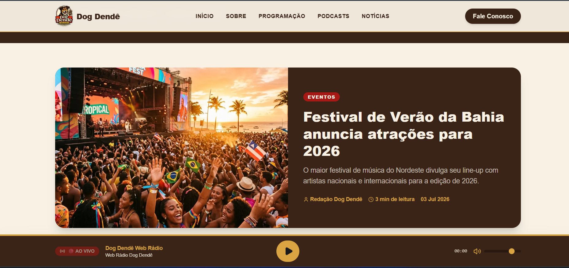 Página de notícias da Web Rádio Dog Dendê