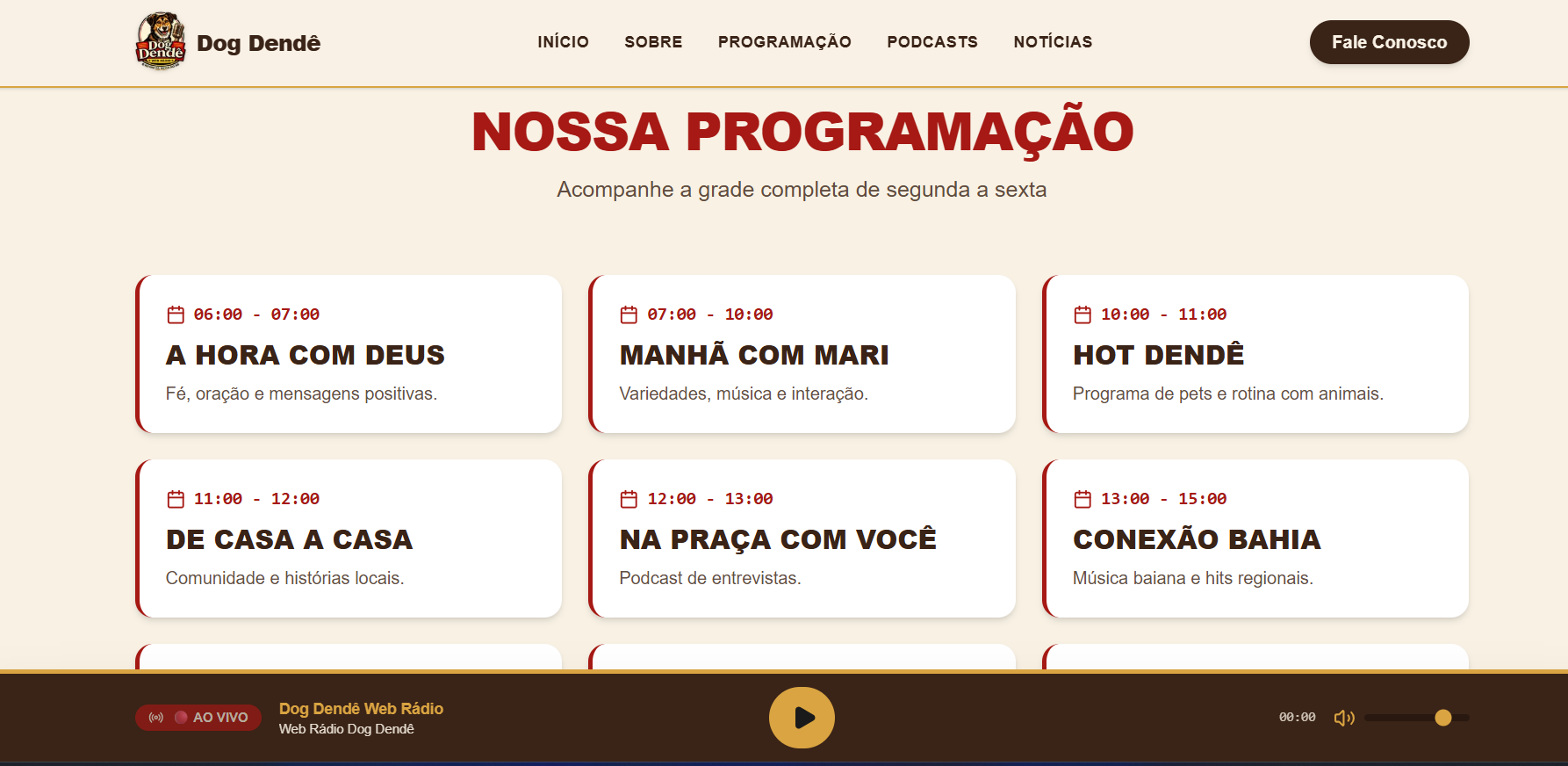 Grade de programação da Web Rádio Dog Dendê